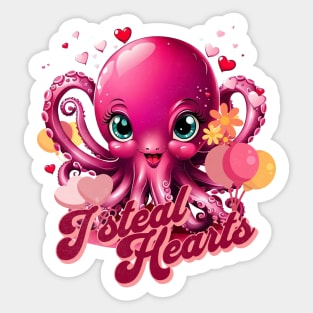 Octopus With Hearts Balloons Valentines Day I Steal Hearts Sticker